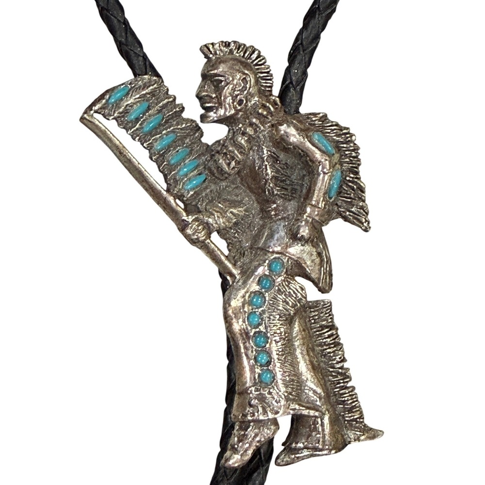 Vintage Florenta of California 1970s Native American Warrior Turquoise Bolo‎ Tie
